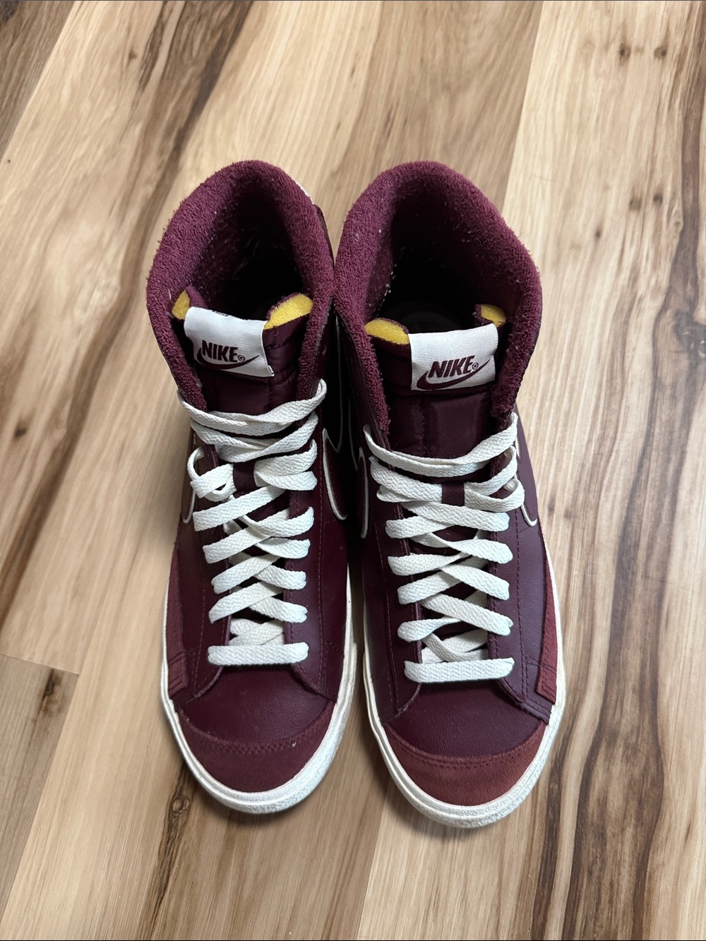 Nike Men’s High-Top Sneakers in Burgundy and White with Gold Accents